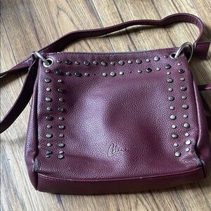 Burgundy Leather Shoulder Bag with Silver Studs​